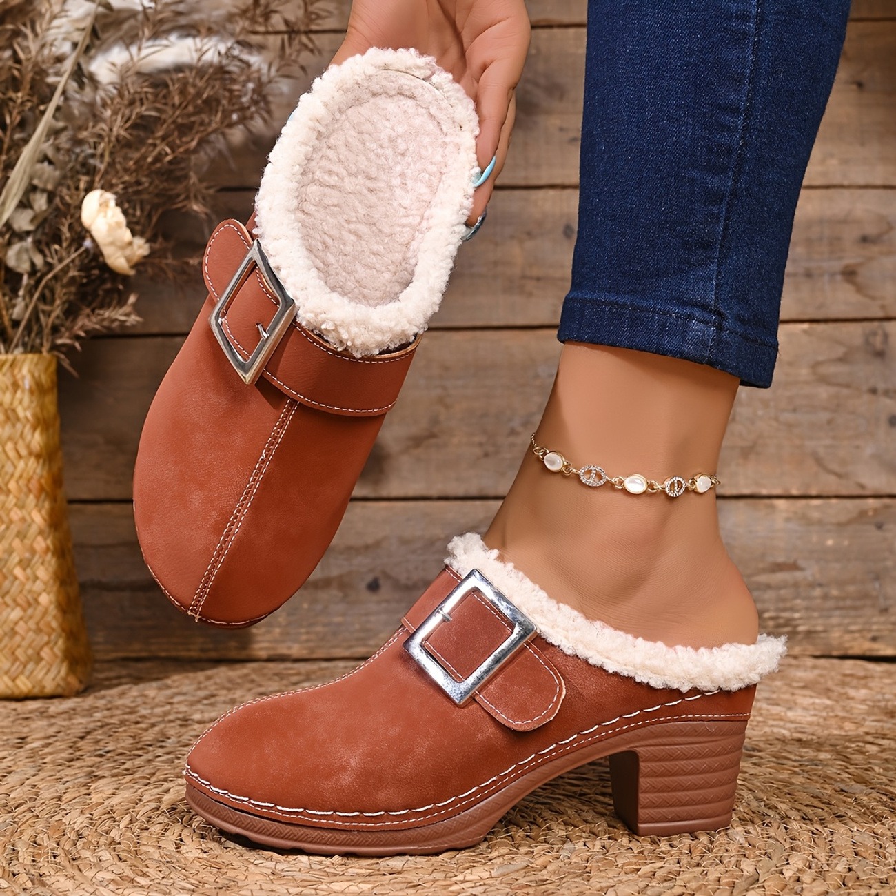 Women's Vintage Plush-Lined Chunky Heel Buckle Mule Half-Slippers