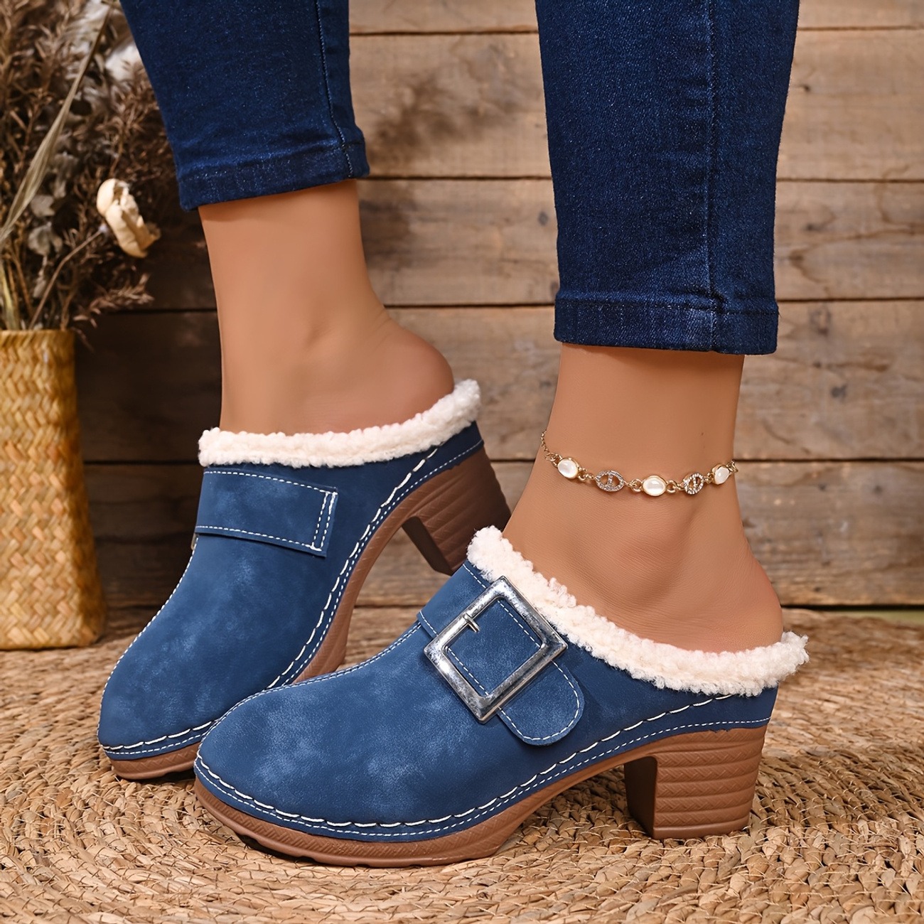 Women's Vintage Plush-Lined Chunky Heel Buckle Mule Half-Slippers