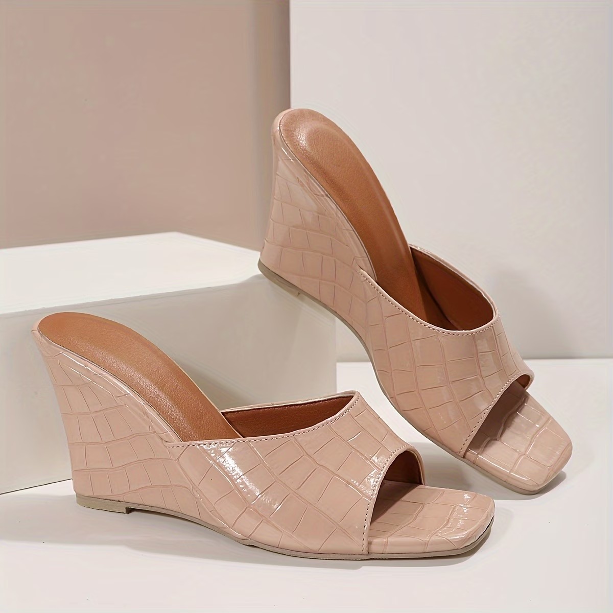 Women'S Square-Toed Slip-On Mule Wedge Sandals