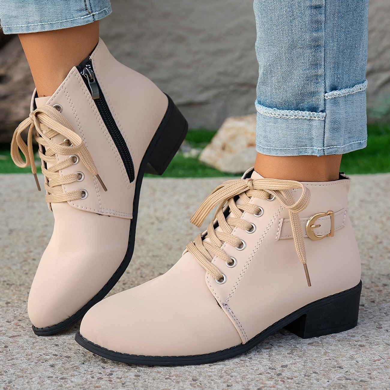 Women's Elegant Low Heel and Laced-up Ankle Strap Short Boots 