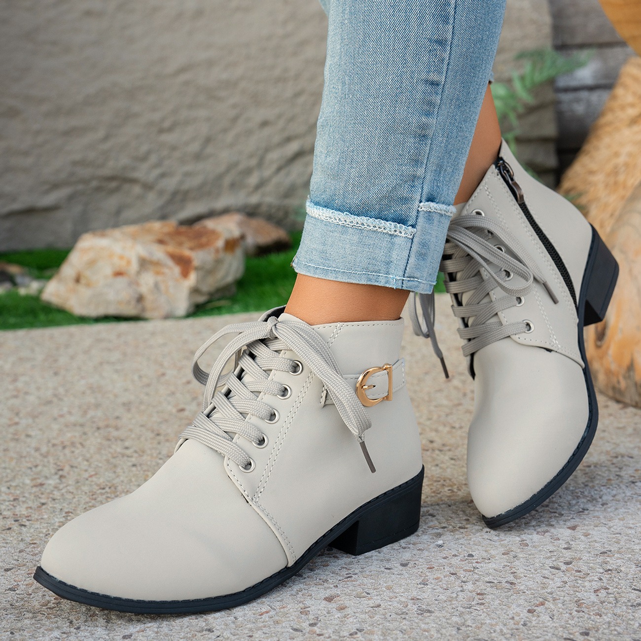 Women's Elegant Low Heel and Laced-up Ankle Strap Short Boots 