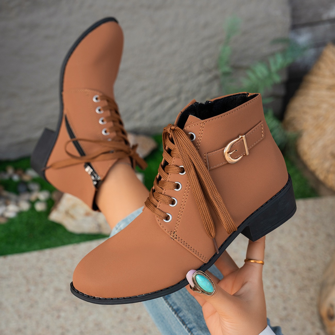Women's Elegant Low Heel and Laced-up Ankle Strap Short Boots 
