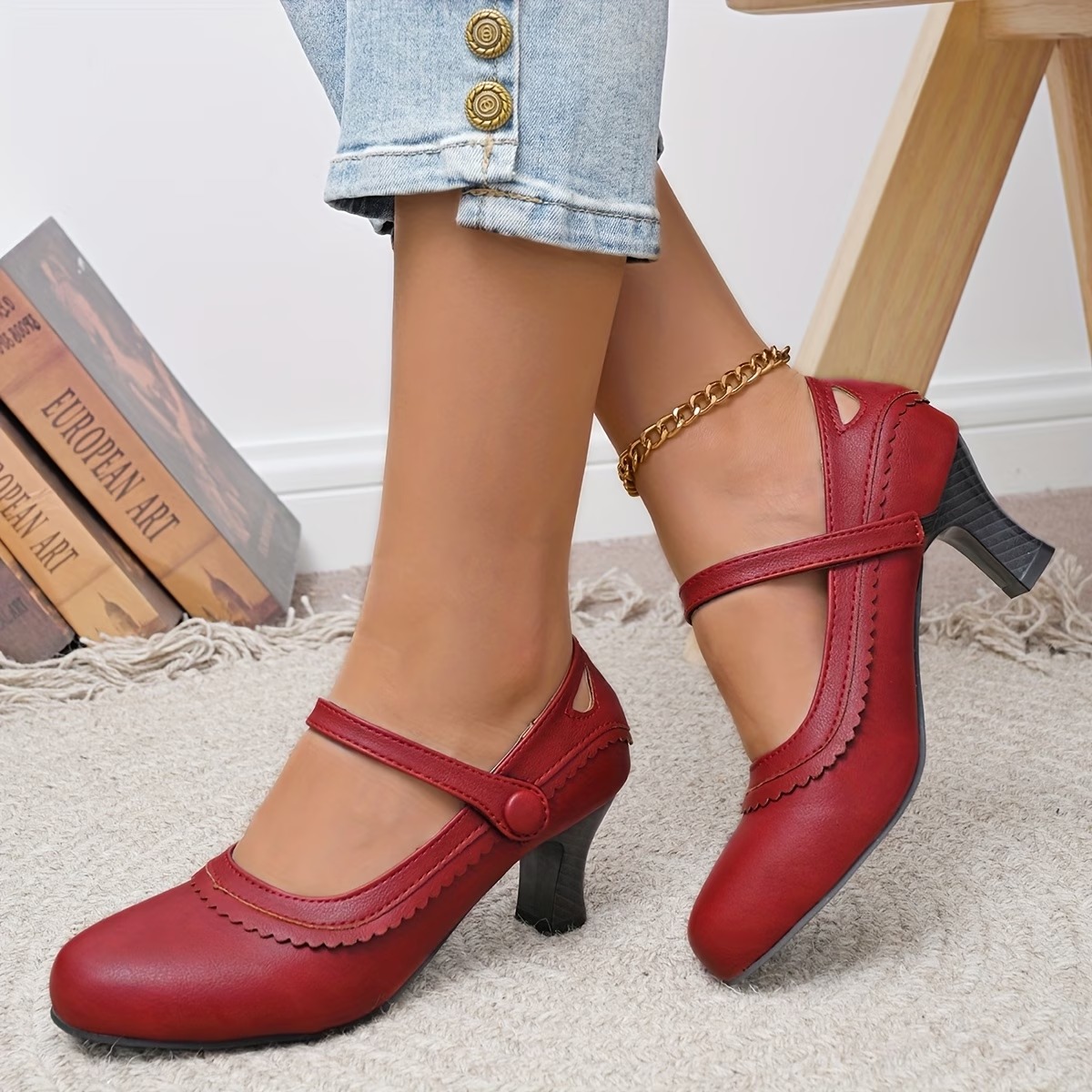 Women‘s Vintage Round Toe Mary Jane High Heels Shoes