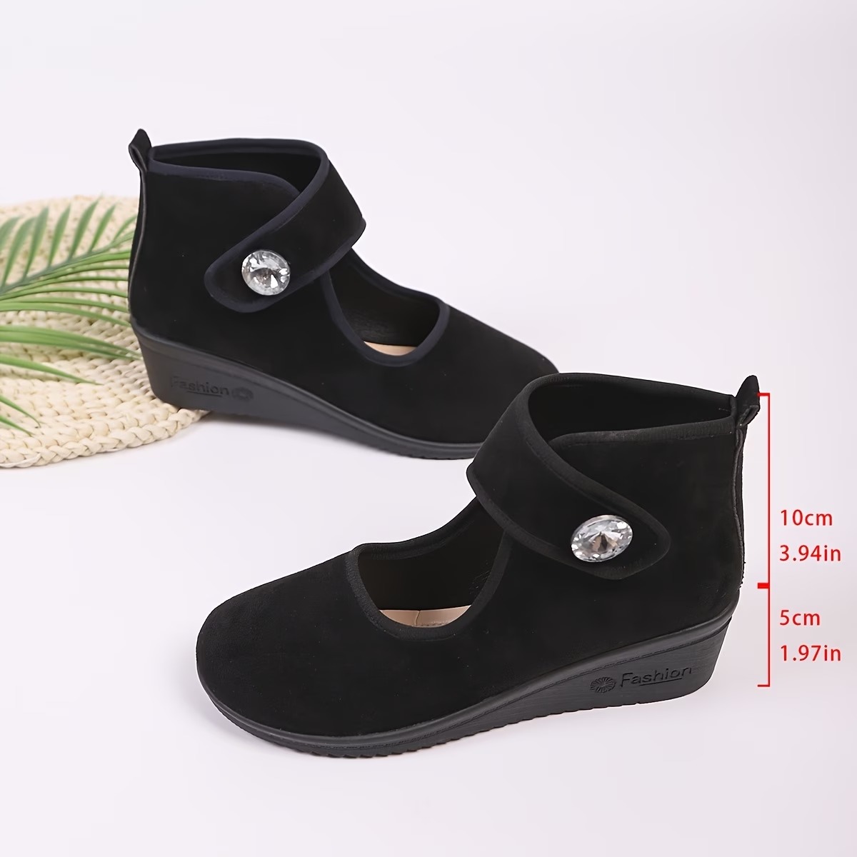 Women's Rhinestone-Embellished - Wedge Ankle Boots with Buckle Strap
