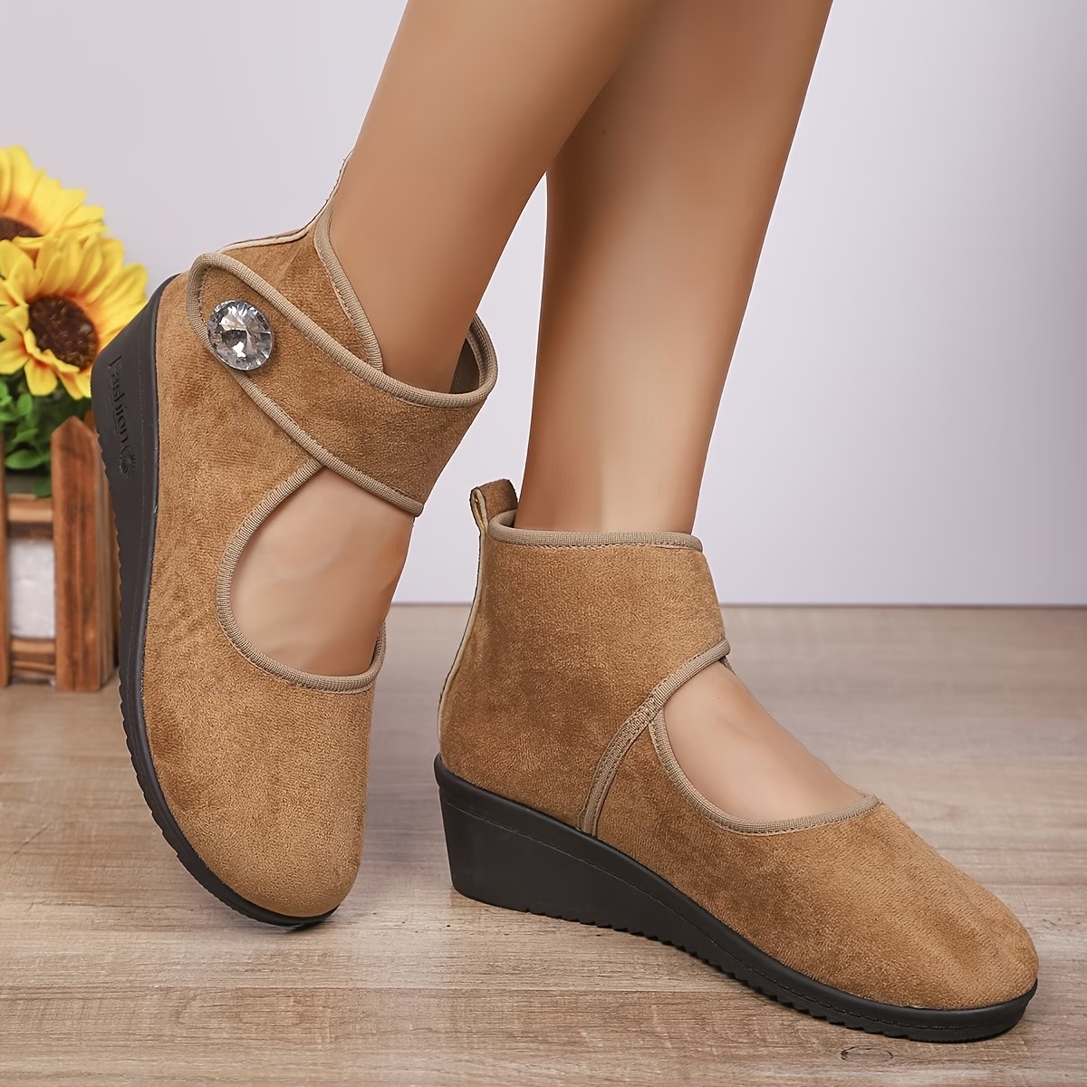Women's Rhinestone-Embellished - Wedge Ankle Boots with Buckle Strap