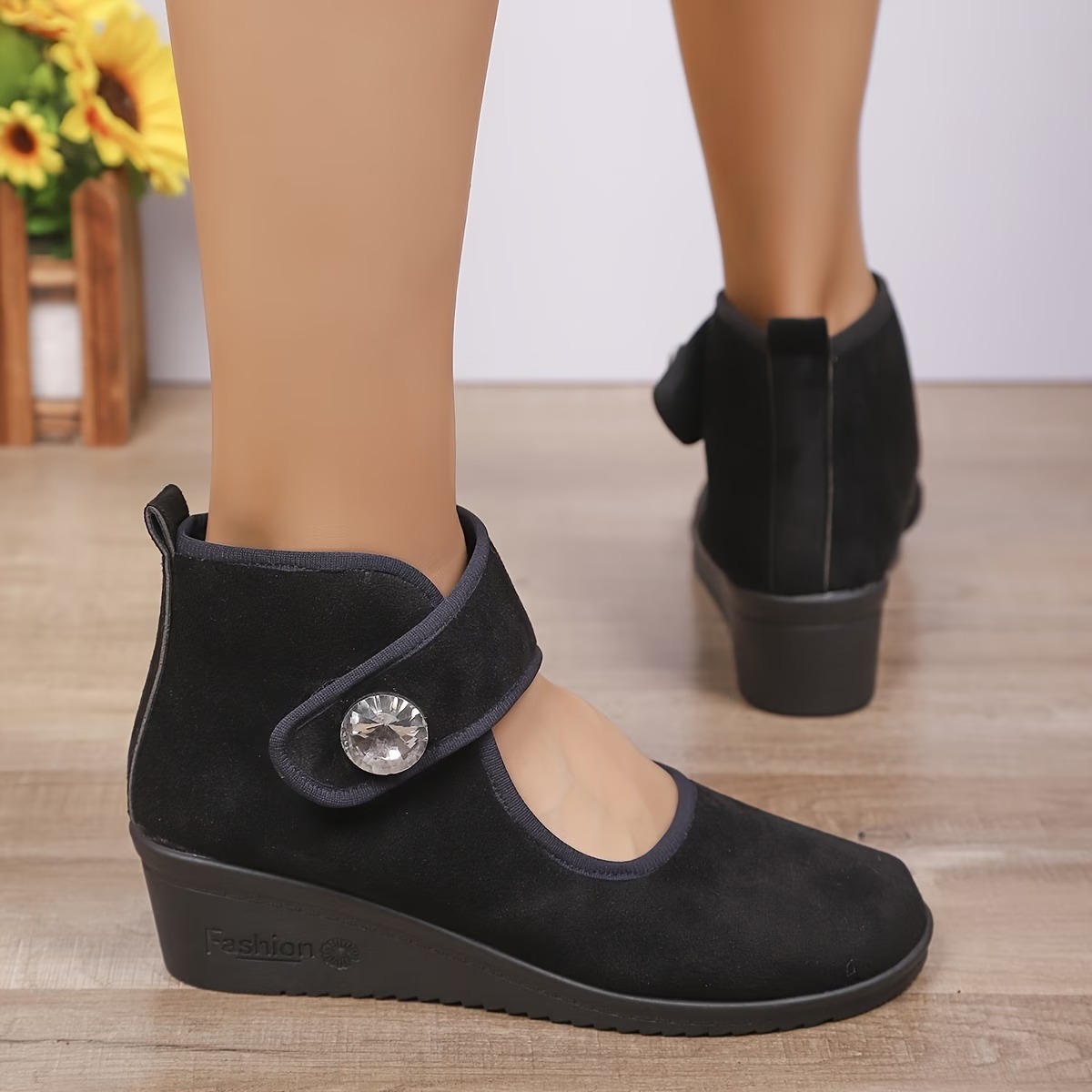 Women's Rhinestone-Embellished - Wedge Ankle Boots with Buckle Strap