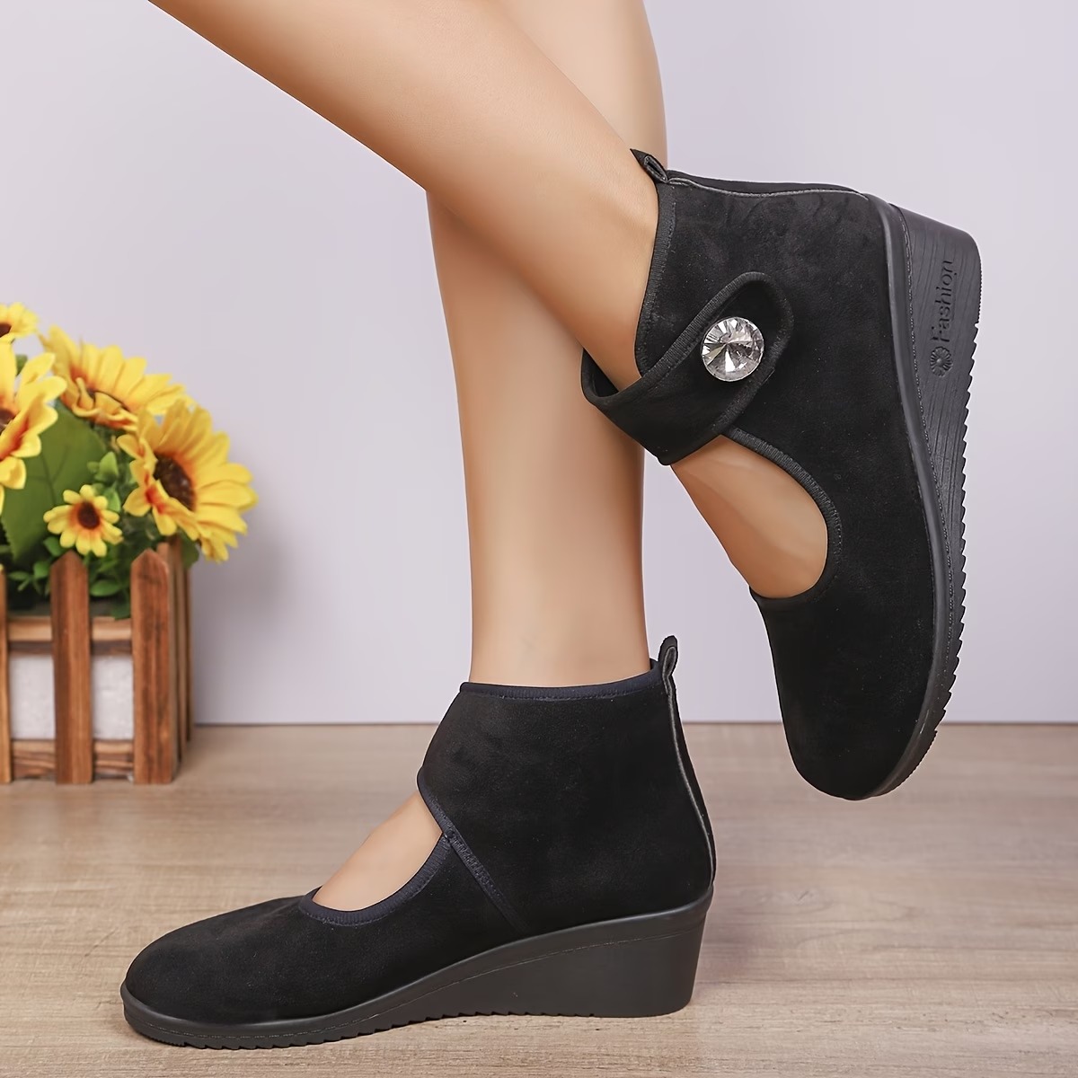 Women's Rhinestone-Embellished - Wedge Ankle Boots with Buckle Strap