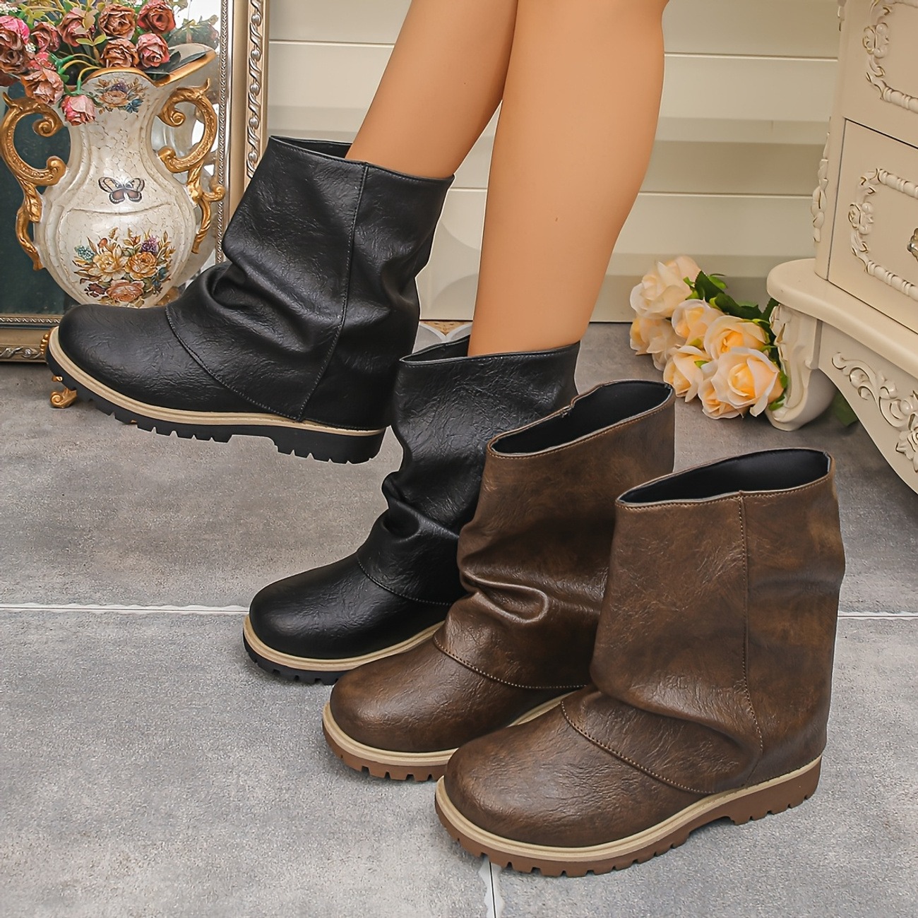 Women's Hidden Height-increasing Wedge-heeled Mid-calf Boots