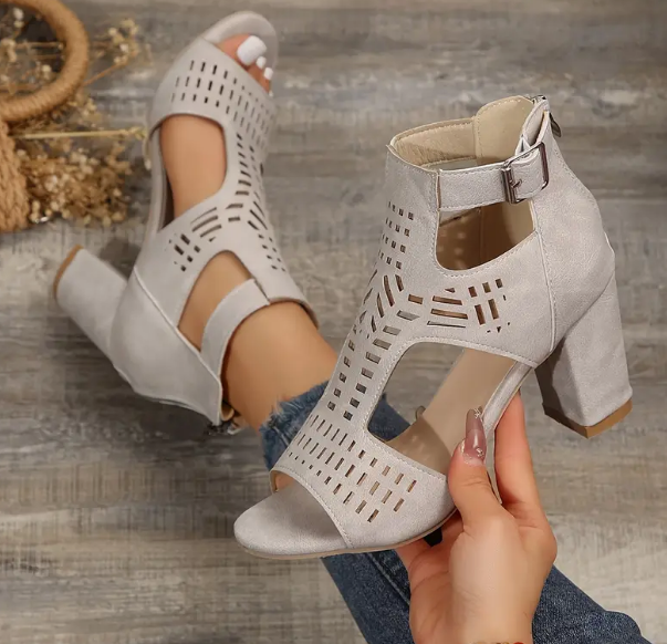 Women's Solid Color Hollow Out Chunky Heel