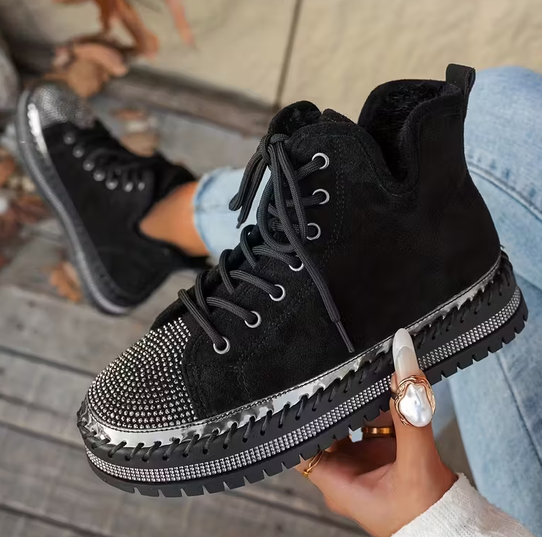 Women's Rhinestone-Decorated Lace-Up Chunky Platform Winter Boots with Fleece