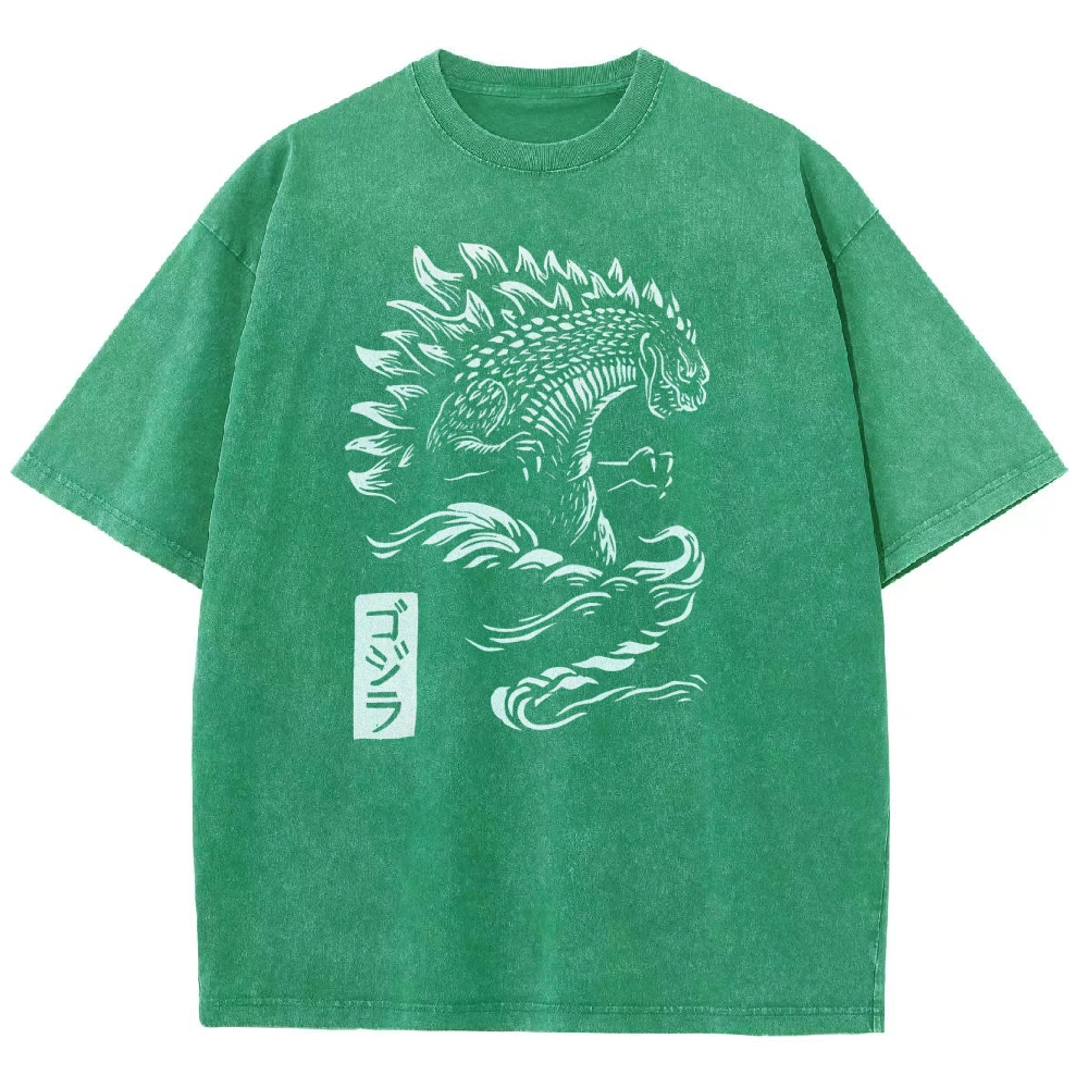 Godzilla Pattern Washed Vintage Short Sleeves T-Shirt