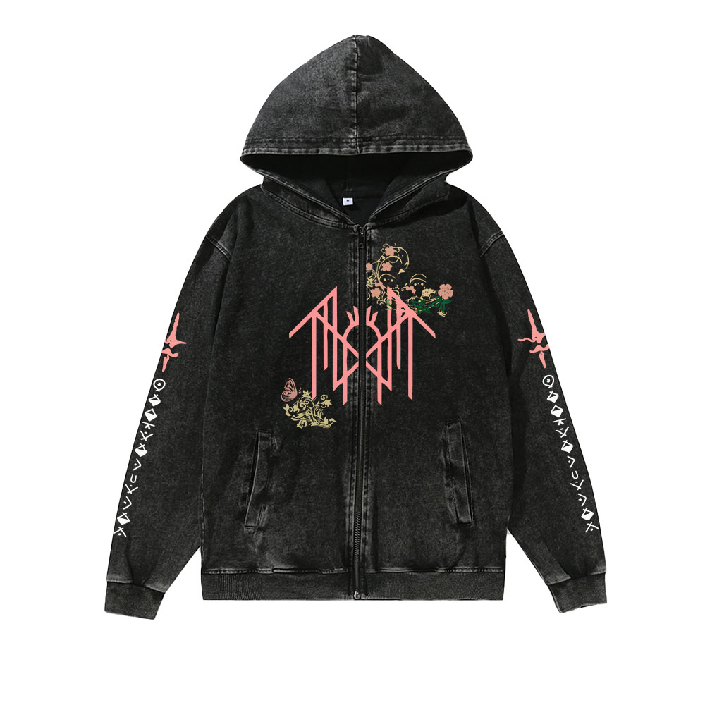 Unisex Band Style Washed Cotton Zipper Hooded Hoodie