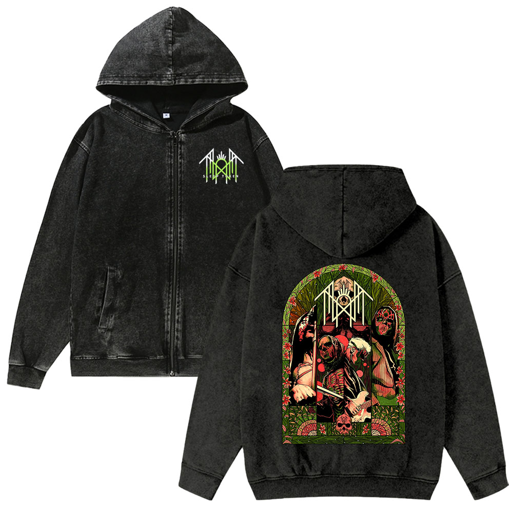 Band Style Washed Cotton Zipper Hooded Hoodie