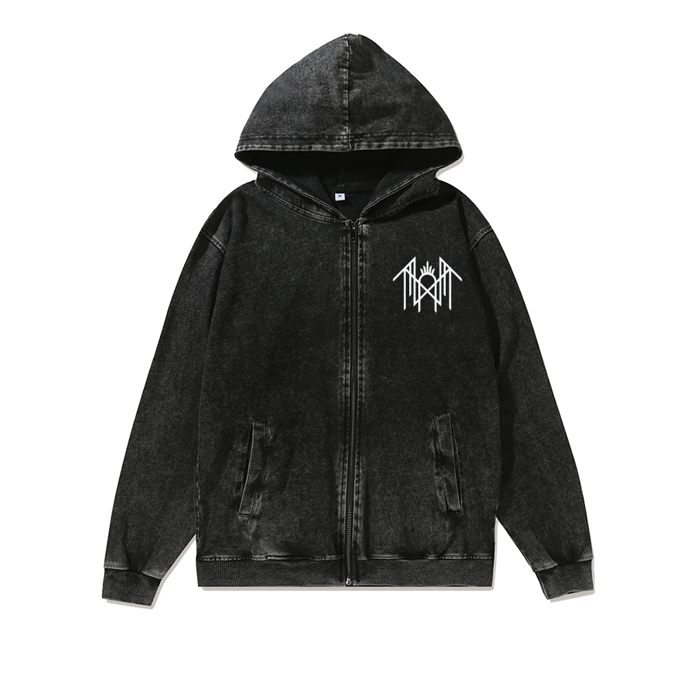 Band Style Washed Cotton Zipper Hooded Hoodie
