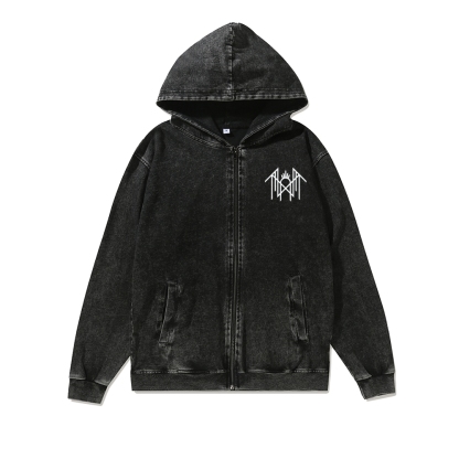 Band Style Washed Cotton Zipper Hooded Hoodie