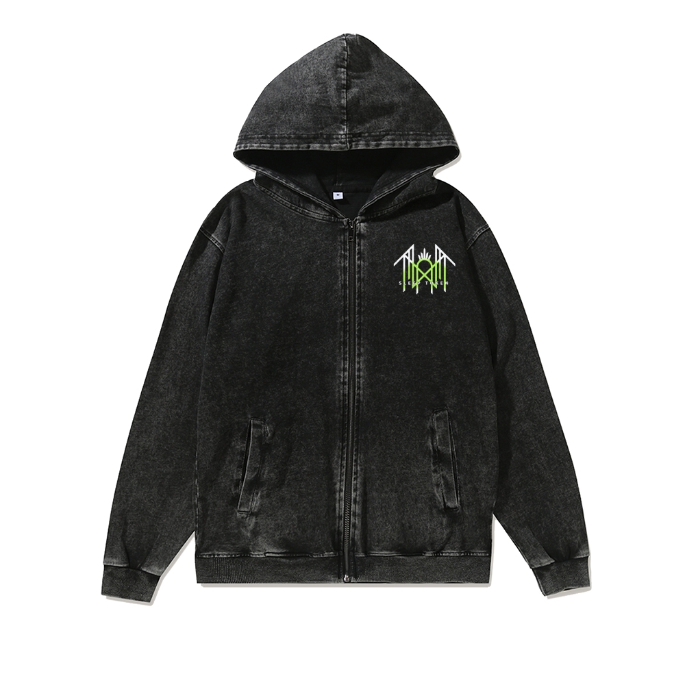 Band Style Washed Cotton Zipper Hooded Hoodie