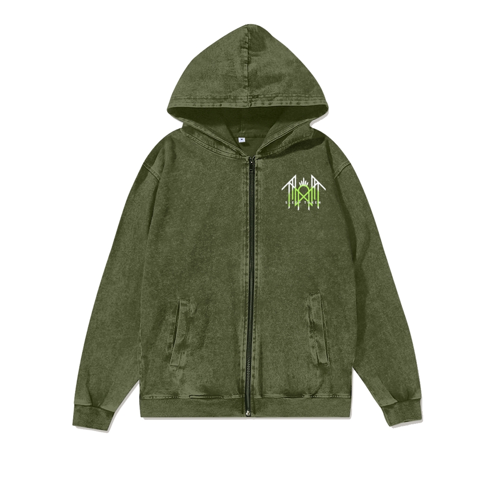 Band Style Washed Cotton Zipper Hooded Hoodie