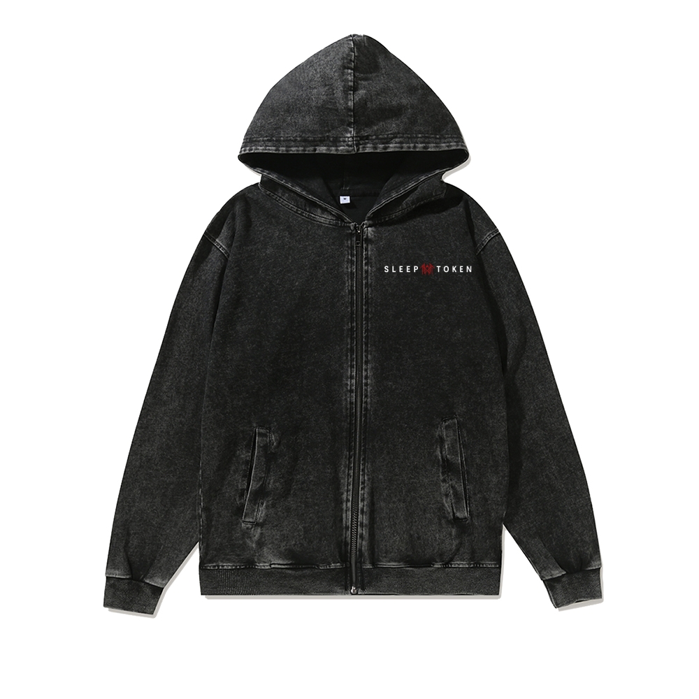 Band Style Washed Cotton Zipper Hooded Hoodie
