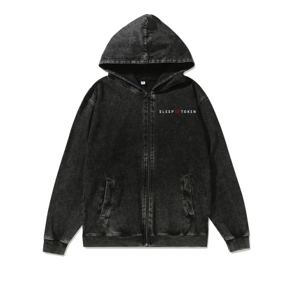 Band Style Washed Cotton Zipper Hooded Hoodie