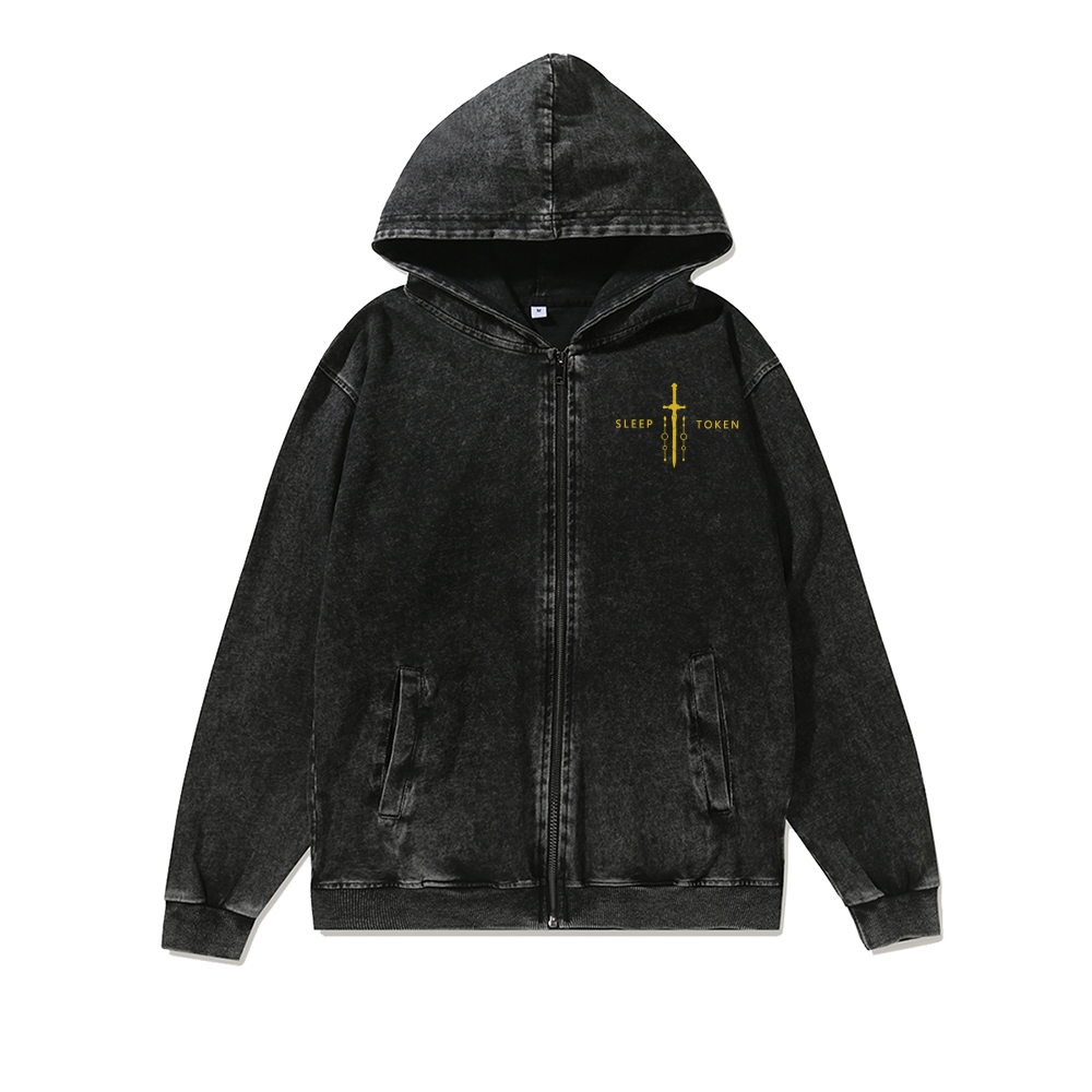 Band Style Washed Cotton Zipper Hooded Hoodie