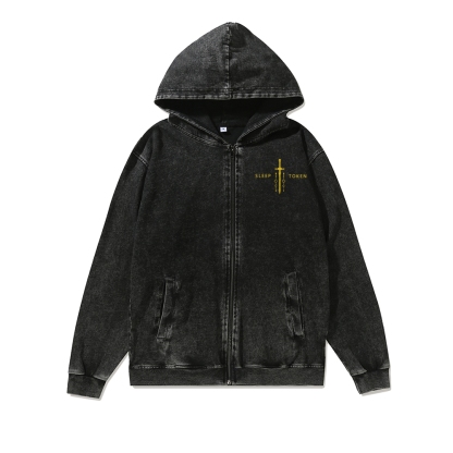 Band Style Washed Cotton Zipper Hooded Hoodie