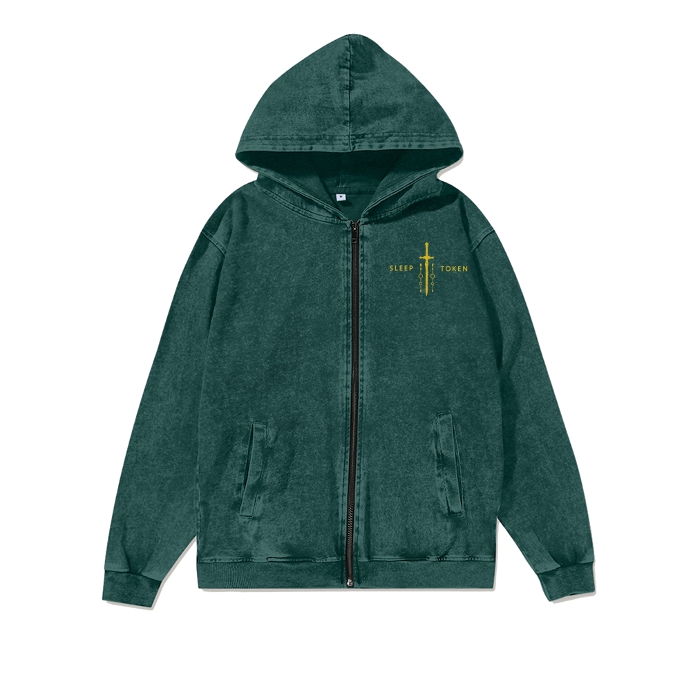 Band Style Washed Cotton Zipper Hooded Hoodie