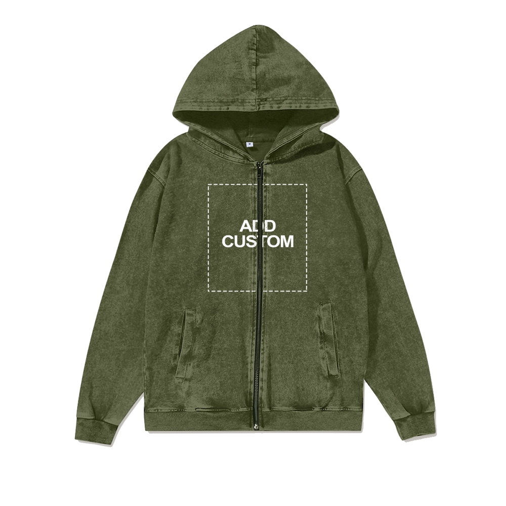 Customized Unisex Washed Cotton Zipper Hooded Sweatshirt