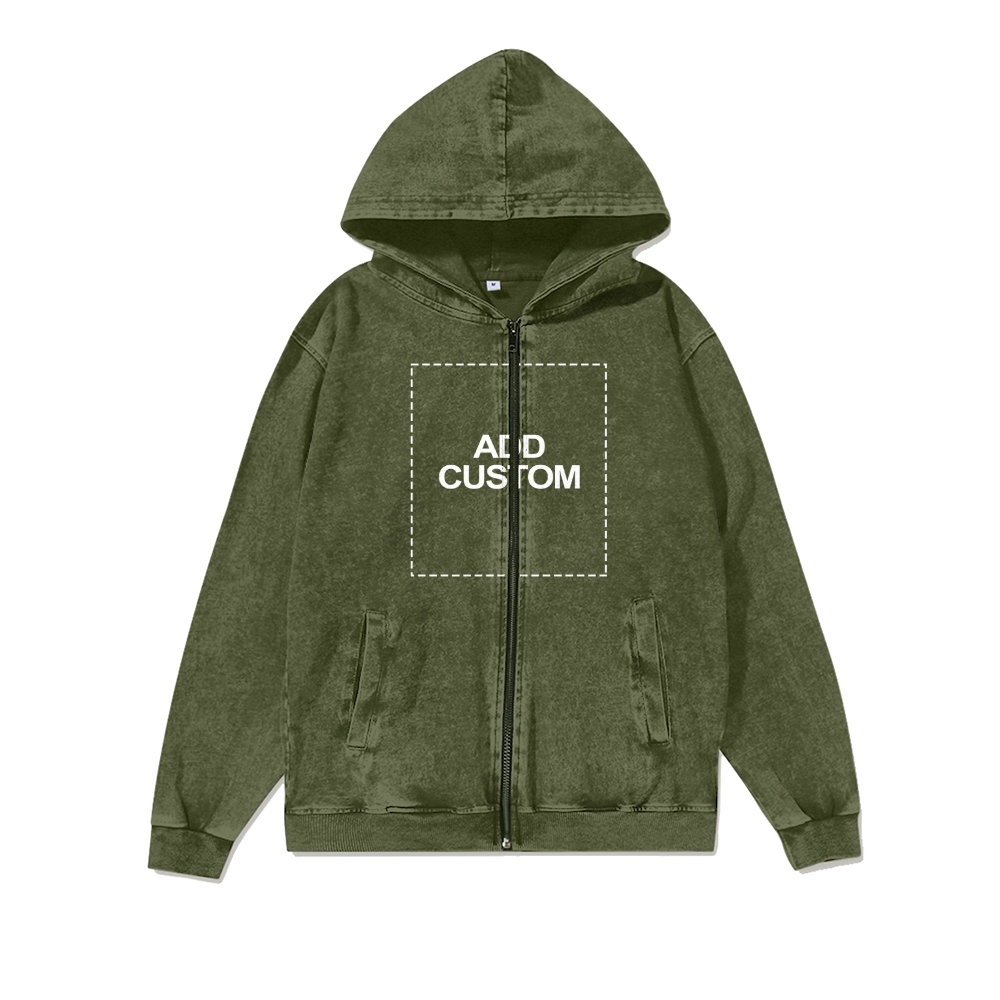 Customized Unisex Washed Cotton Zipper Hooded Sweatshirt