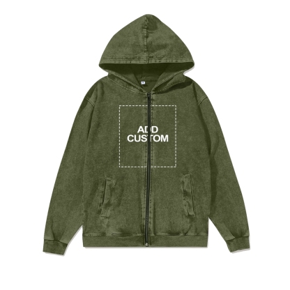Customized Unisex Washed Cotton Zipper Hooded Sweatshirt