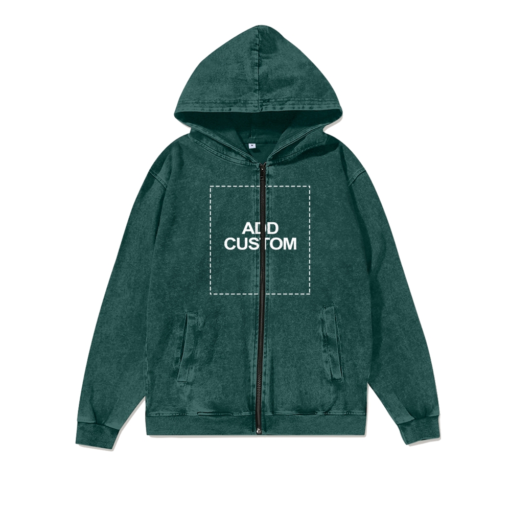 Customized Unisex Washed Cotton Zipper Hooded Sweatshirt
