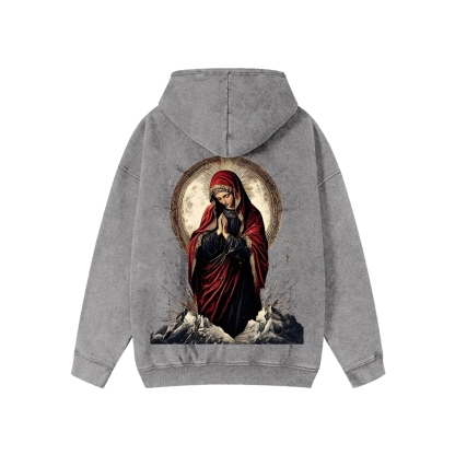 Unisex Holy Mary Washed Cotton Zipper Hooded Sweatshirt