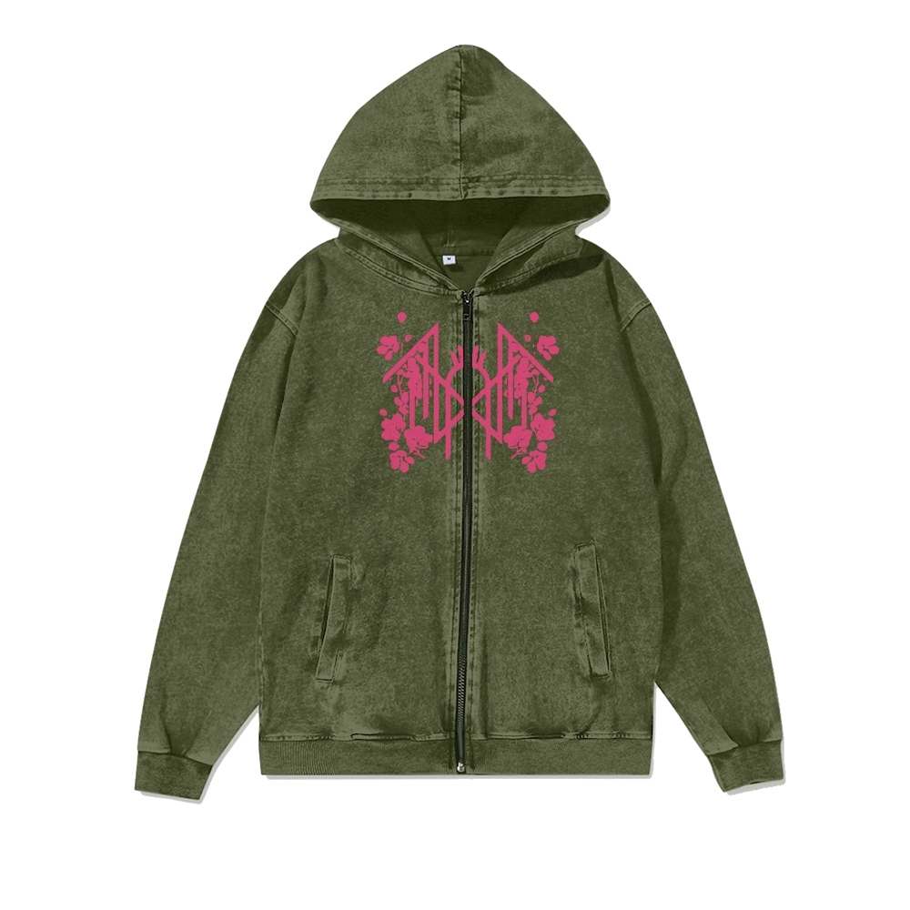 Unisex Vintage Band  Washed Cotton Zipper Hooded Sweatshirt