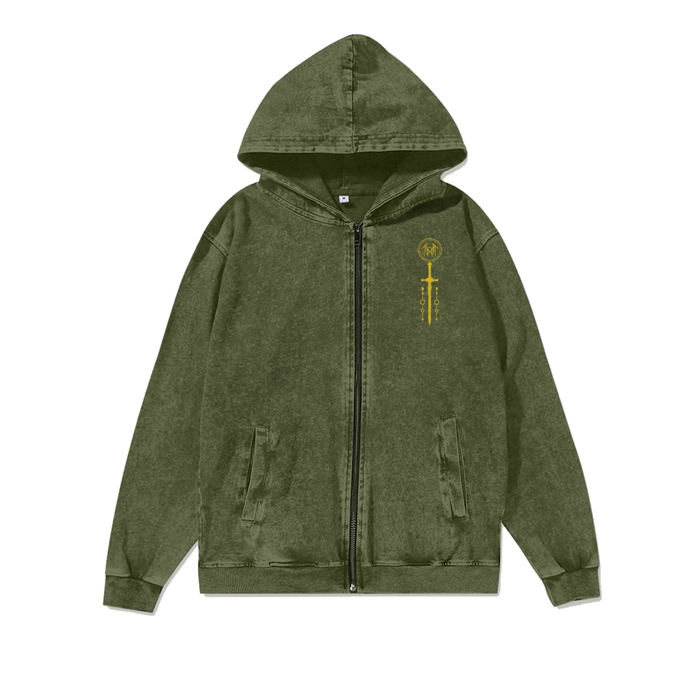 Unisex Vintage Band  Washed Cotton Zipper Hooded Sweatshirt