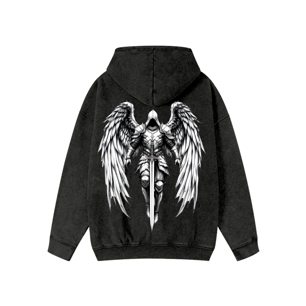 Unisex Angel Knight Washed Cotton Zipper Hooded Sweatshirt