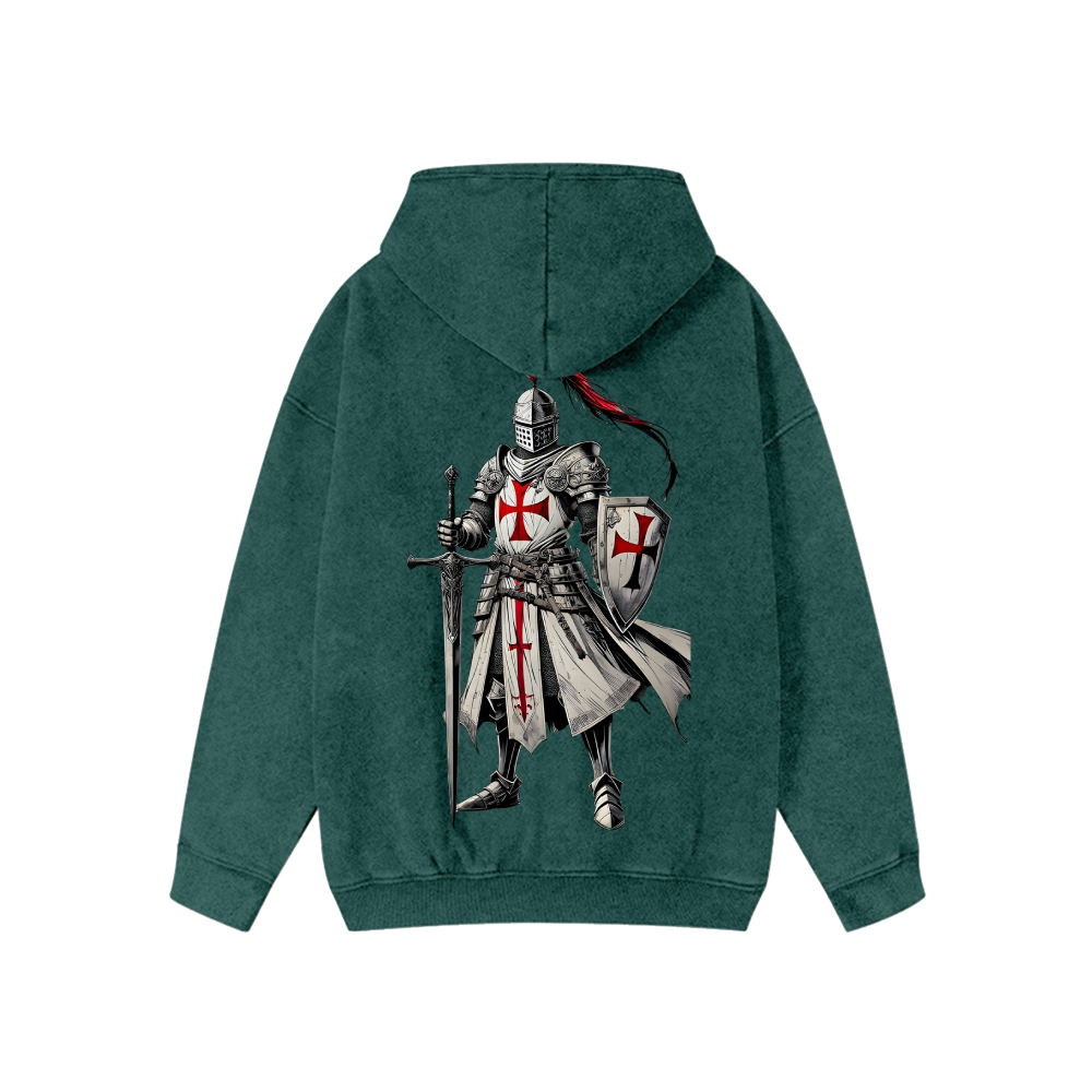 Unisex Crusader Knight Washed Cotton Zipper Hooded Sweatshirt