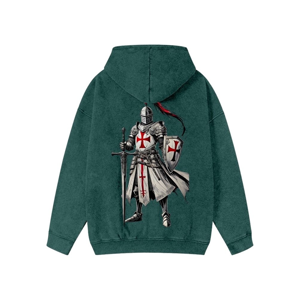 Unisex Crusader Knight Washed Cotton Zipper Hooded Sweatshirt
