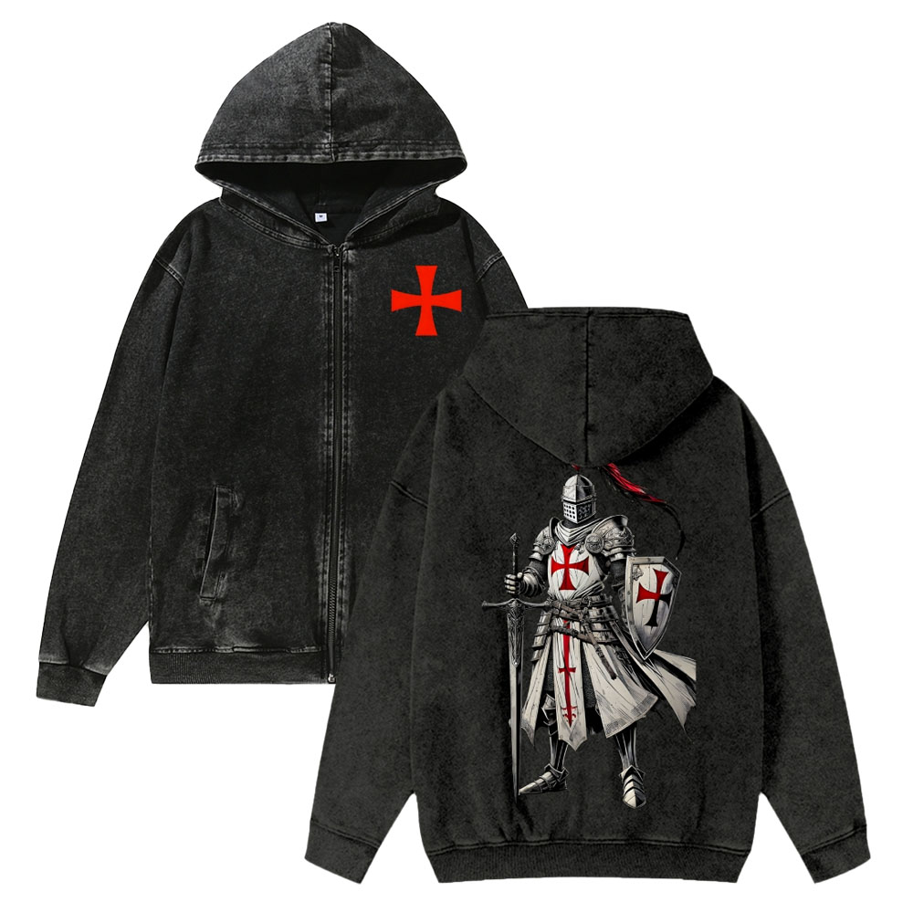 Unisex Crusader Knight Washed Cotton Zipper Hooded Sweatshirt