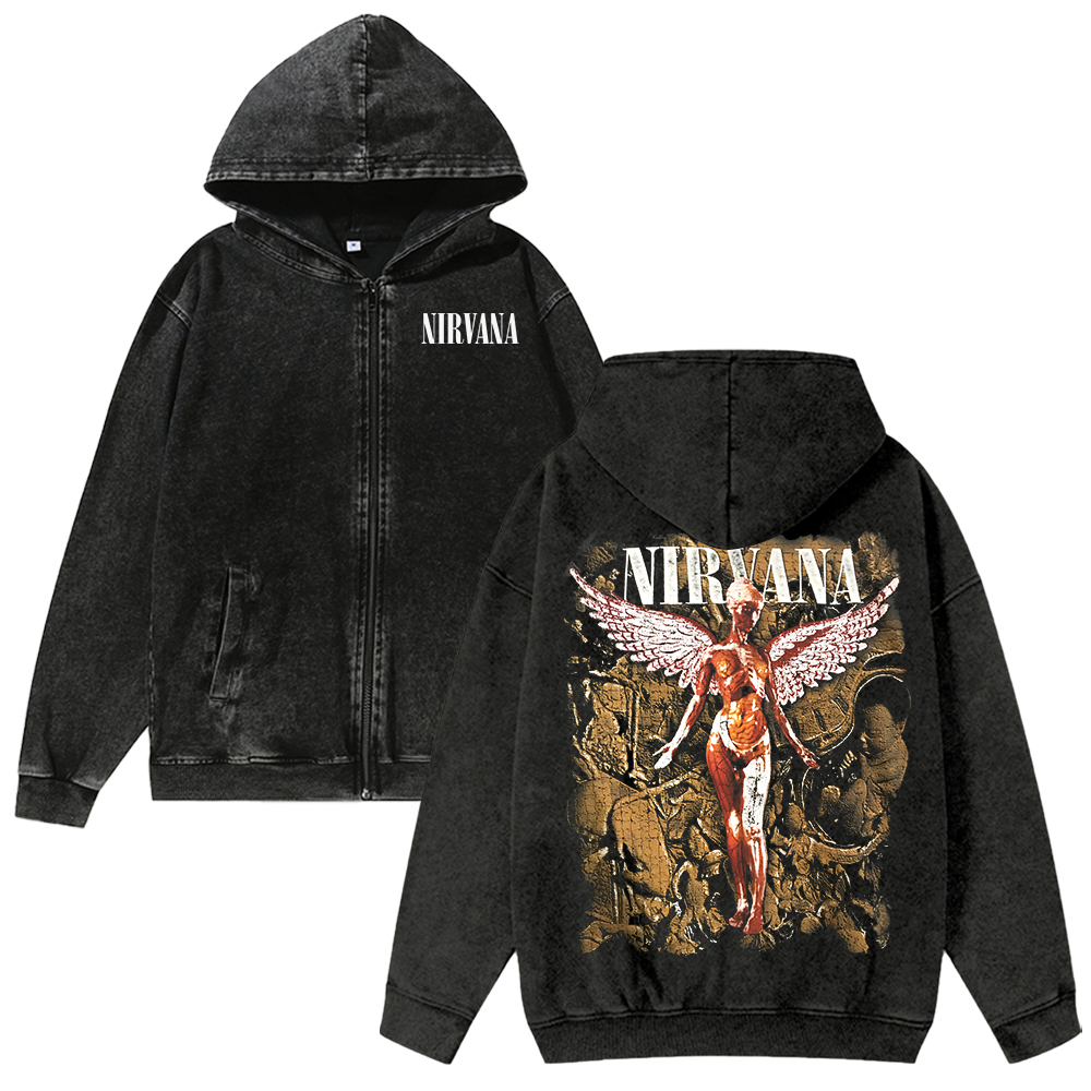 Unisex Nirvana Washed Cotton Zipper Hooded Sweatshirt