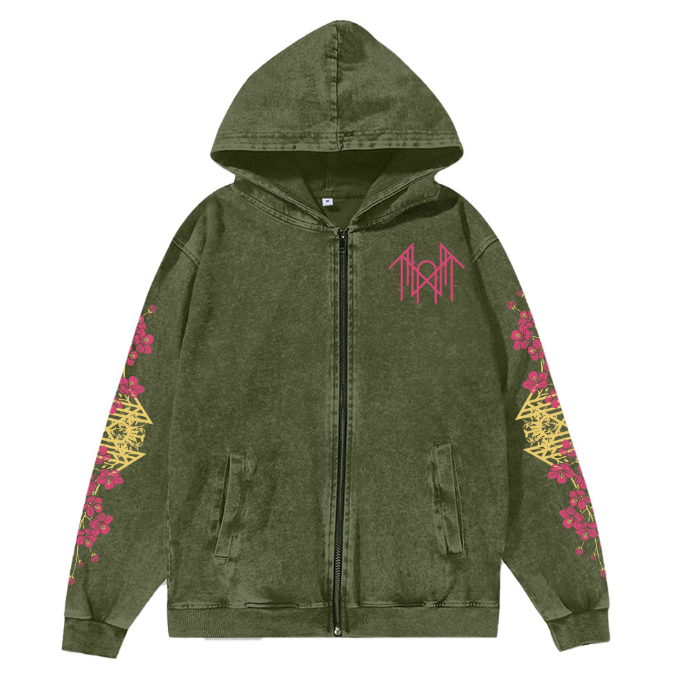 Unisex Vintage Band Washed Cotton Zipper Hooded Sweatshirt