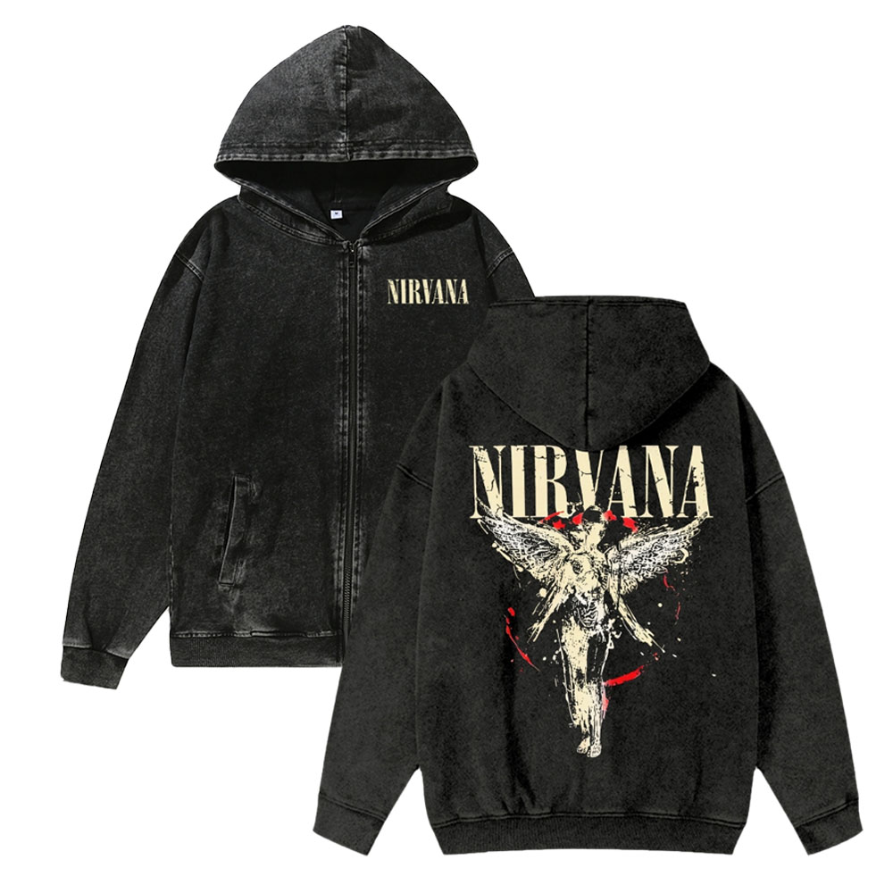 Unisex Vintage Nirvana Band Washed Cotton Zipper Hooded Sweatshirt