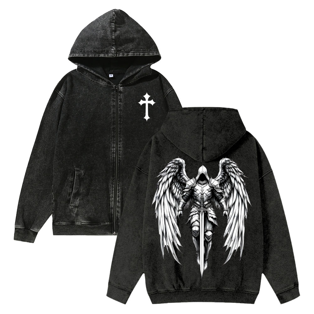 Unisex Angel Knight Washed Cotton Zipper Hooded Sweatshirt