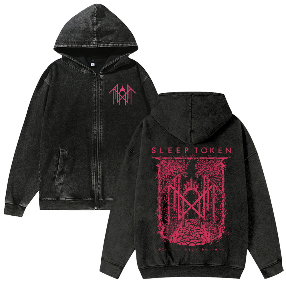 Band Style Washed Cotton Zipper Hooded Hoodie