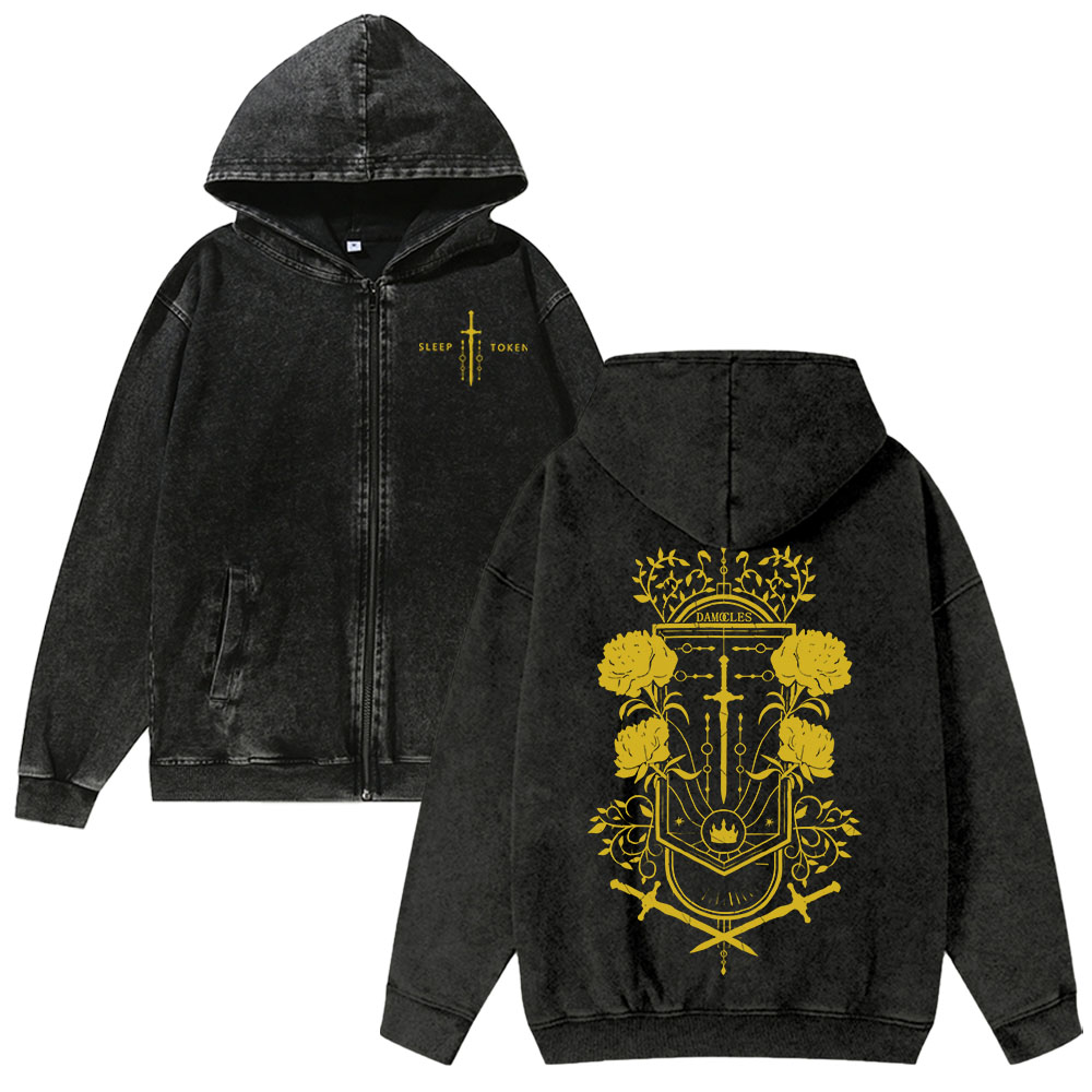 Band Style Washed Cotton Zipper Hooded Hoodie