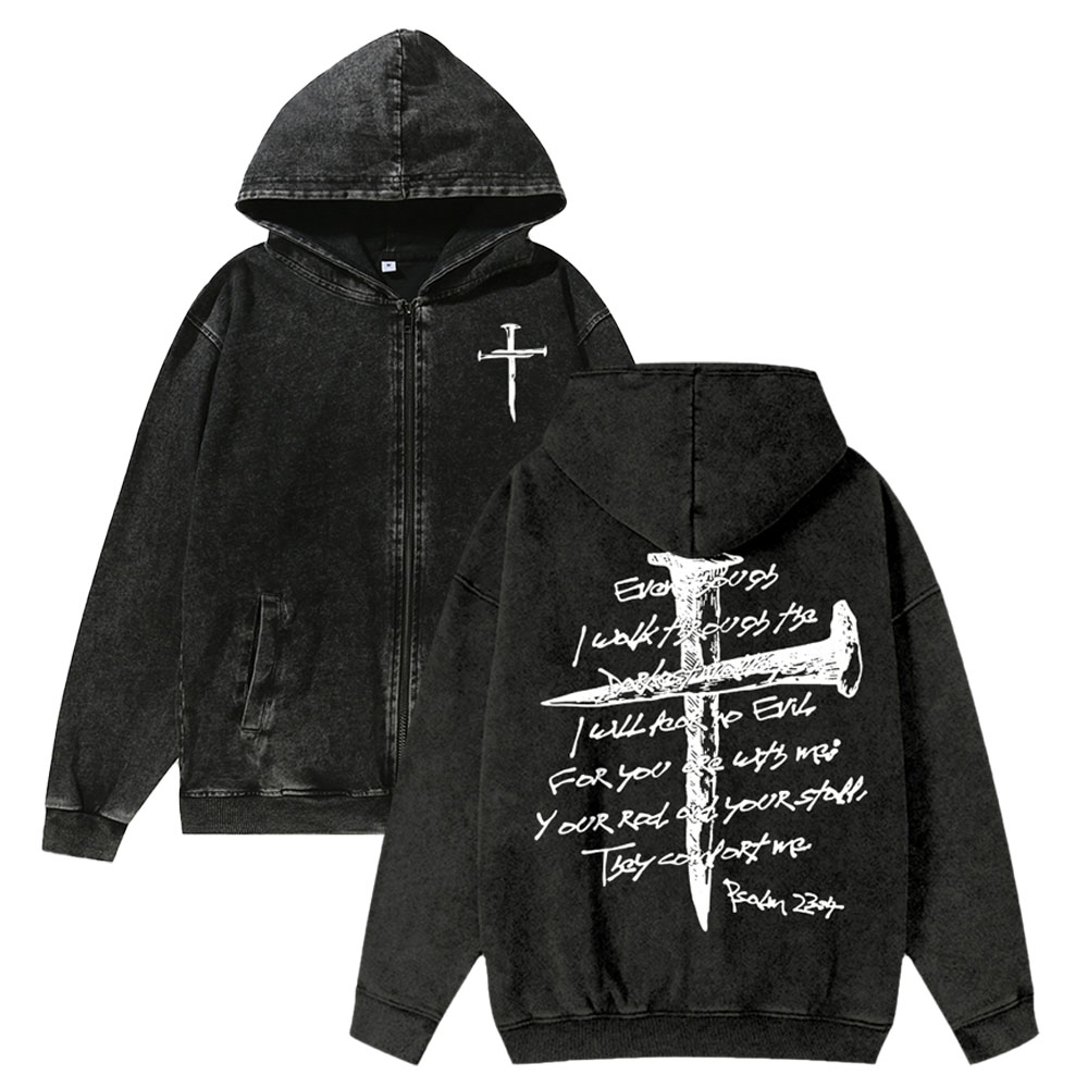 Unisex Faith In The Cross Washed Cotton Zipper Hooded Sweatshirt