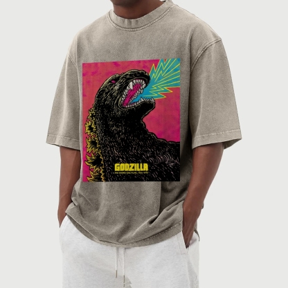 The Angry Godzilla Pattern Washed Vintage Short Sleeves T-Shirt