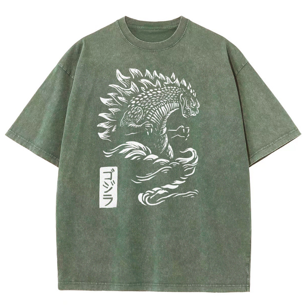 Godzilla Pattern Washed Vintage Short Sleeves T-Shirt