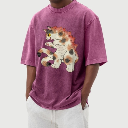 Godzilla Cat Washed Vintage Short Sleeves T-Shirt