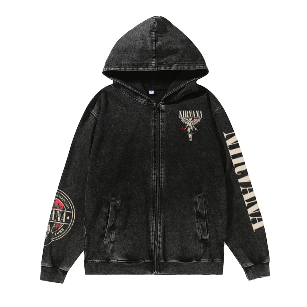 Unisex Band Washed Cotton Zipper Hooded Sweatshirt