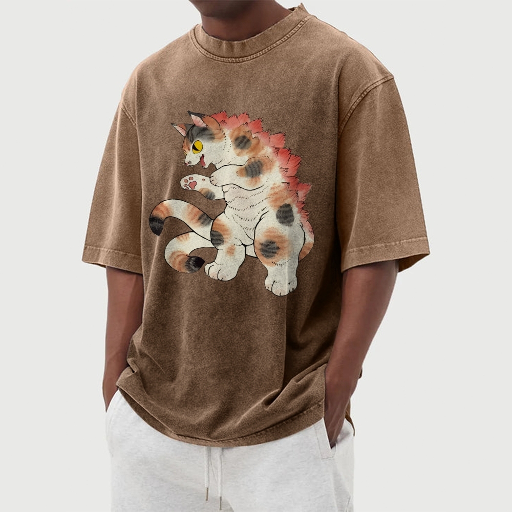 Godzilla Cat Washed Vintage Short Sleeves T-Shirt