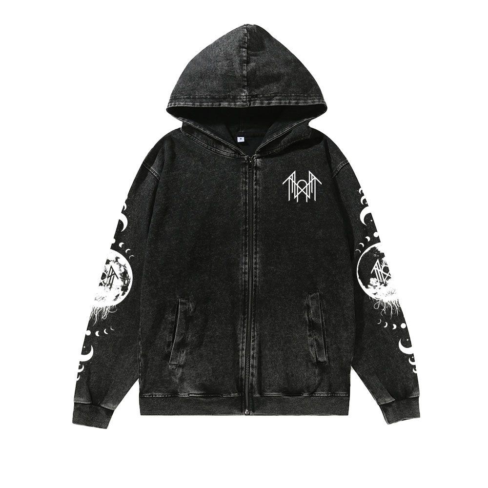 Unisex Vintage Band Washed Cotton Zipper Hooded Sweatshirt